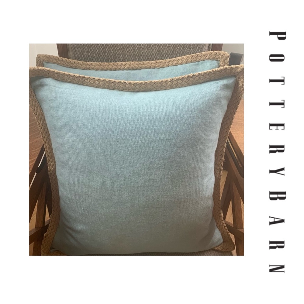 (TWO) Pottery Barn | Pillow Covers | 20 x 20 | Blue with natural woven trim